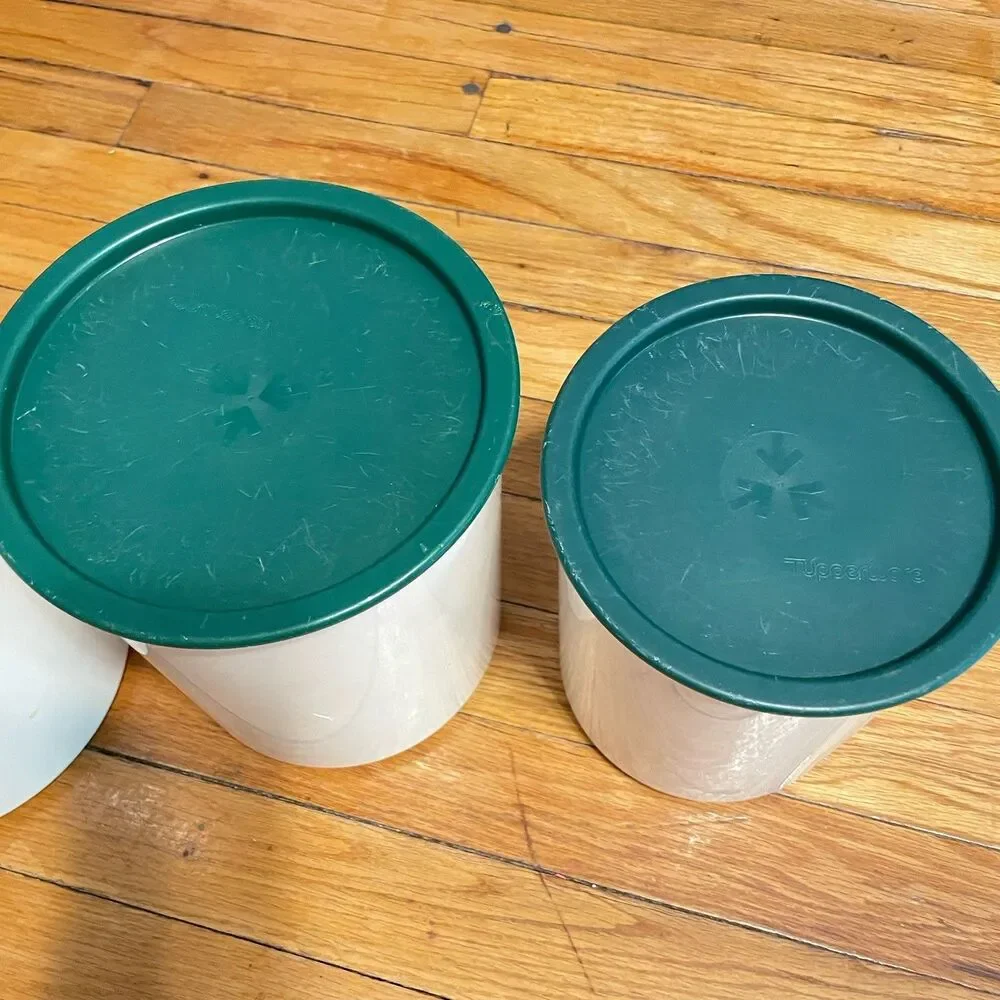 Vintage Tupperware Canister Set of 3 Forest Green Lids White Bases Made in USA